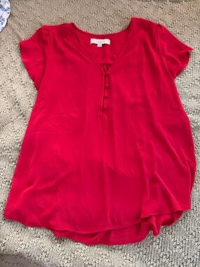LOFT red Button-Front Short Sleeve Blouse